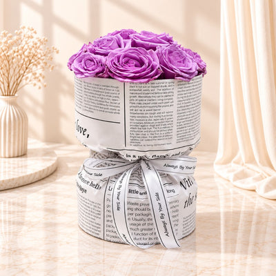 Elegant Purple Rose Flower Bouquet In Newspaper Print - Fabric Bouquet