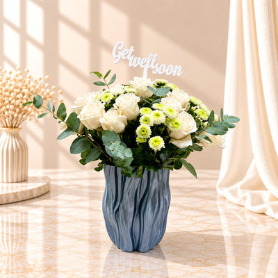 Get Well Soon White Rose & Green Chrysanthemum Flower Arrangement In Grey Vase