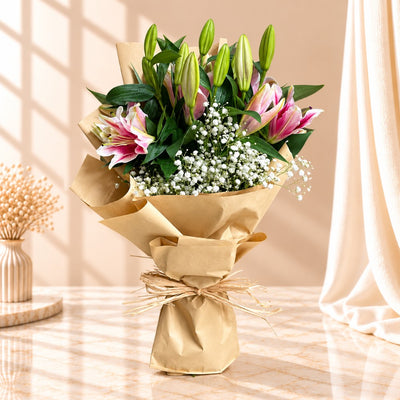 Charming Pink Lily Kraft Wrapped Bouquet