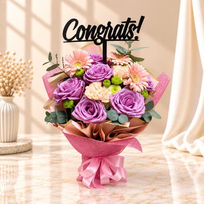 Congratulations Purple Rose & Pink Gerbera Mixed Flower Bouquet