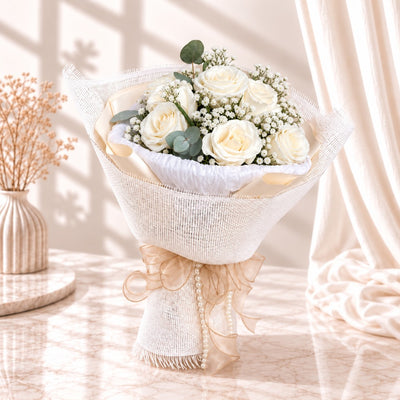 White Rose & Baby’s Breath Bouquet With Eucalyptus And Pearl Detail