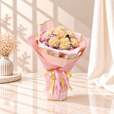 Elegant Peach Carnation Bouquet With Pink Gold-trim Wrapping