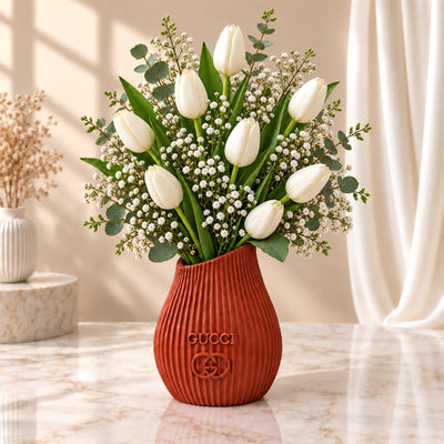 Elegant White Tulip & Baby’s Breath Flower Vase Arrangement
