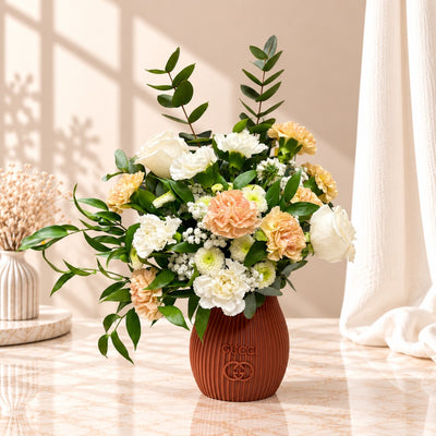 Luxury Peach Carnation & White Rose Flower Vase Arrangement