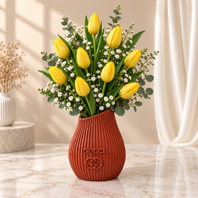 Elegant Yellow Tulip & Baby’s Breath Flower Vase Arrangement