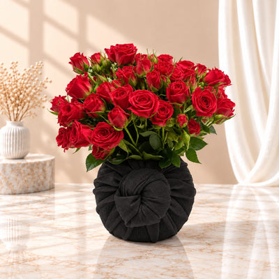 Luxury Red Spray Rose Arrangement With Black Fabric Wrapping