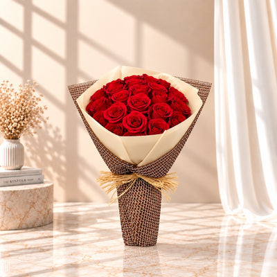 Premium Red Rose Hand Bouquet With Elegant Rustic Wrapping
