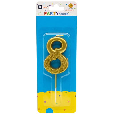 Party Decoration 8 Number Metallic Candle - Gold Glitter
