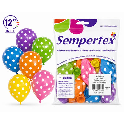 Sempertex Polka Dots Printed Latex Balloons - Assorted - Pack Of 12 - 12 Inch (Uninflated)