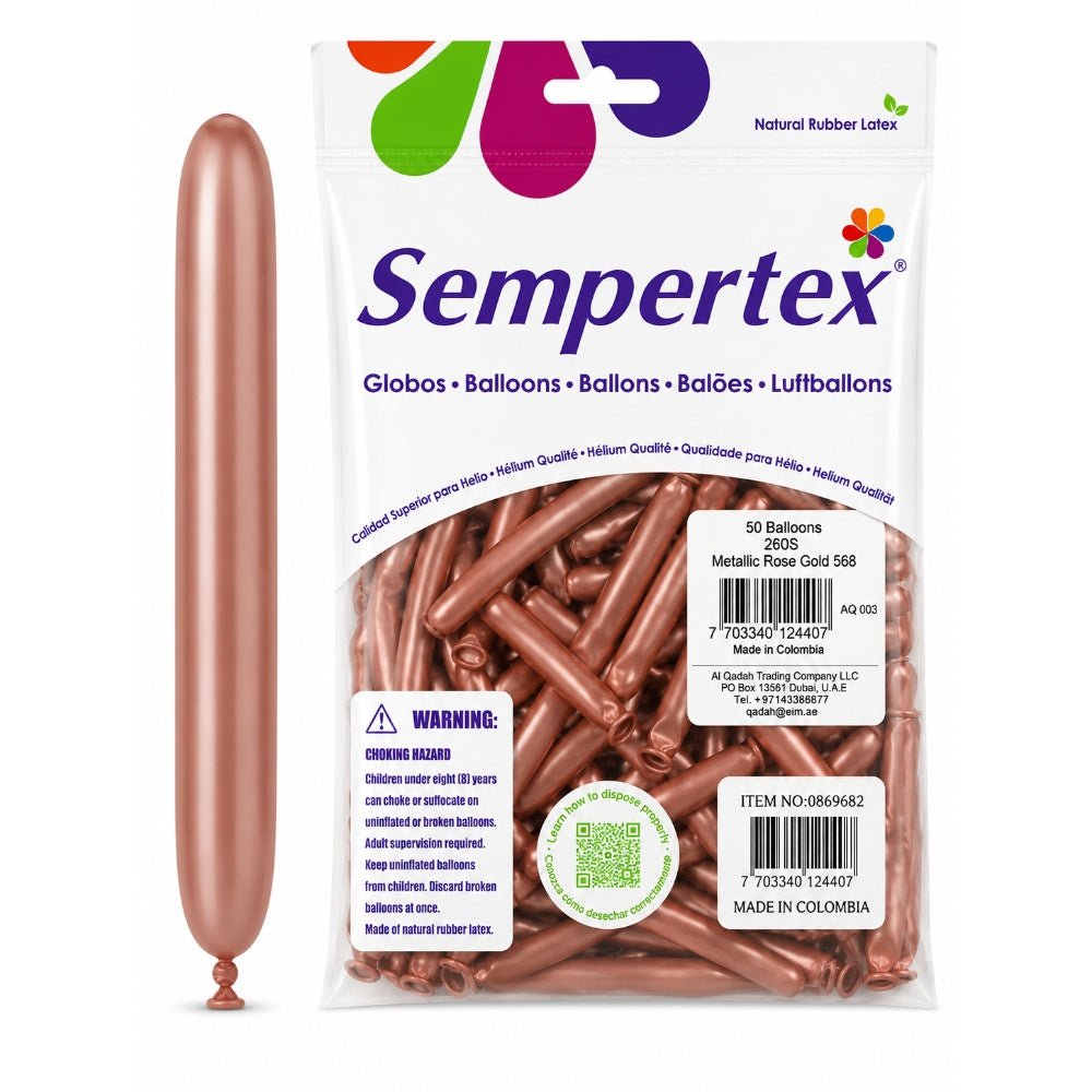 Sempertex Long Latex Twisting Balloons - Metallic Rose Gold - Pack Of 50 (Uninflated)