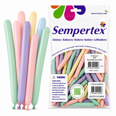Sempertex Long Latex Twisting Balloons - Pastel Matte Assorted Colours- Pack Of 50 (Uninflated)