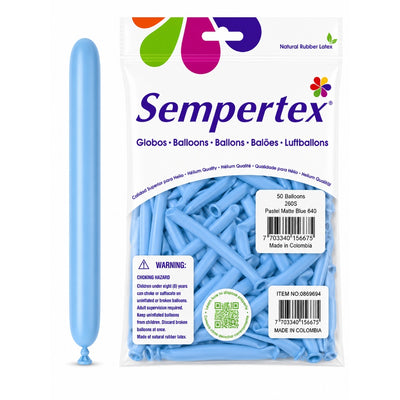 Sempertex Long Latex Twisting Balloons - Pastel Matte Blue - Pack Of 50 (Uninflated)