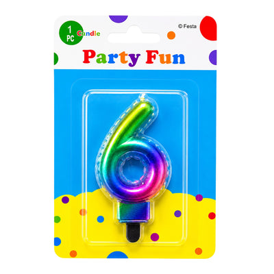 Number 6 Birthday Rainbow Metallic Party Fun Cake Topper Candle - Multi Colour