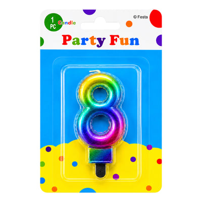 Number 8 Birthday Rainbow Metallic Party Fun Cake Topper Candle - Multi Colour