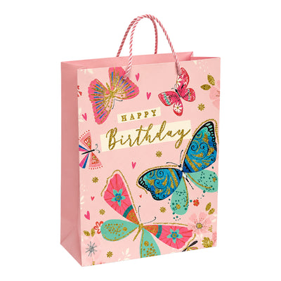 Happy Birthday Glitter Butterfly Gift Bag - Pink - 31X40X12 Cm