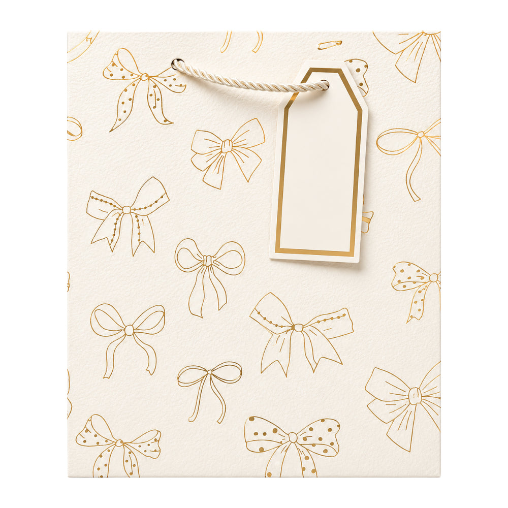 Gift Bag With Bow Design And Gift Tag - Off White - 18X23X10 Cm