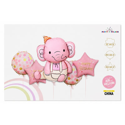 Baby Elephant Birthday Foil Balloon Decoration Set - Pink (Uninflated)