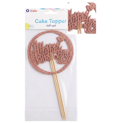 Happy Birthday Cake Topper Round Shape - Rose Gold Glitter - 4Pcs Set