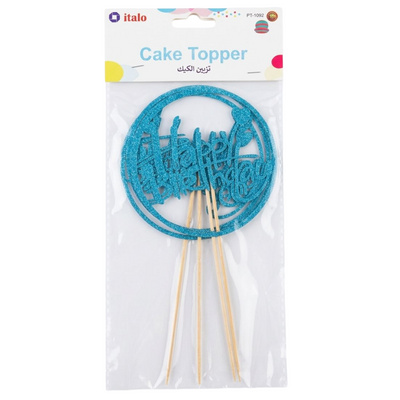 Happy Birthday Cake Topper Round Shape - Blue Glitter - 4Pcs Set