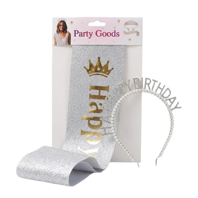Happy Birthday Head Band And Sash Set - Silver