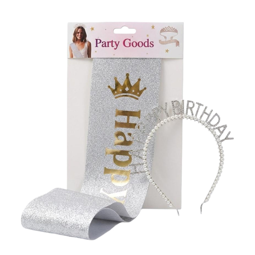 Happy Birthday Head Band And Sash Set - Silver