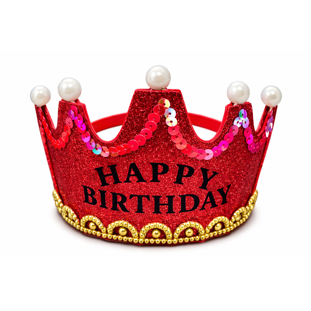Happy Birthday Party Glitter Crown - Red Colour - Led Light Up Tiara