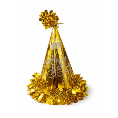 Happy Birthday Print And Silver Crown Design Party Hats - Gold Colour - 25Cm