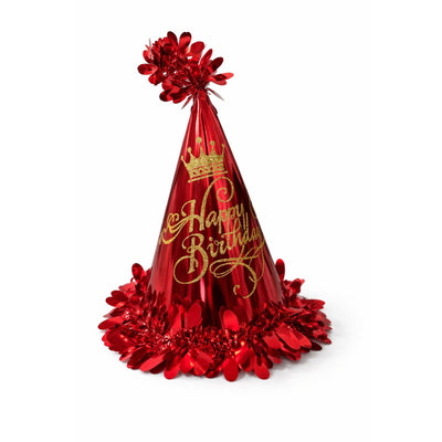 Happy Birthday Print And Gold Crown Design Party Hats - Red Colour - 25Cm