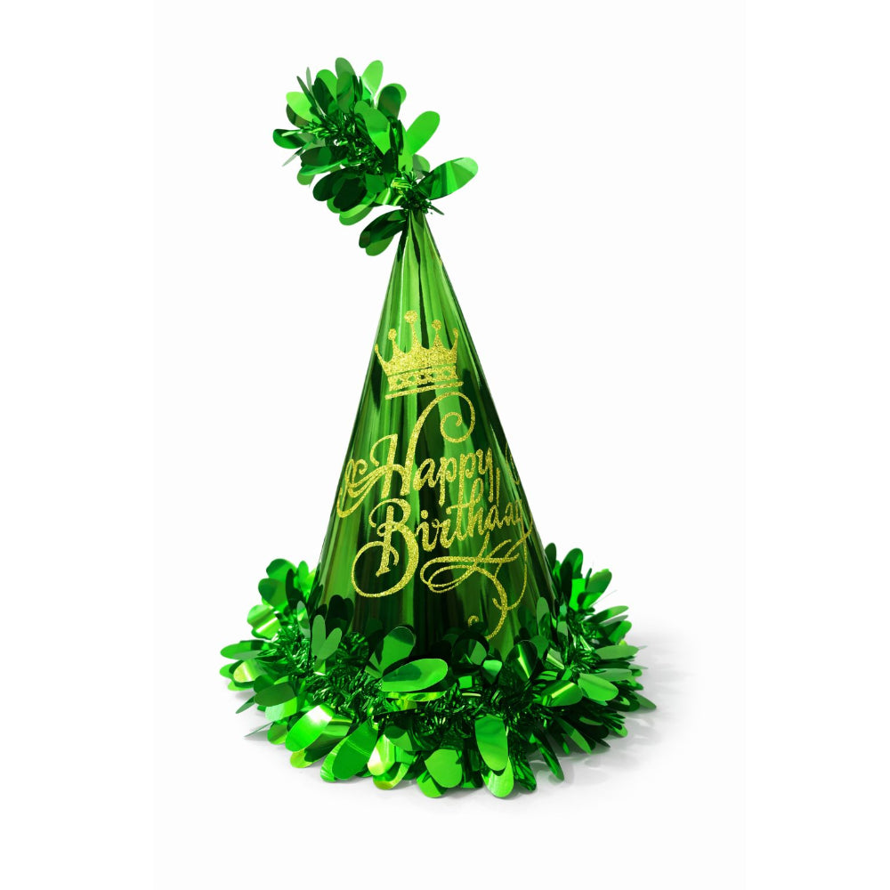 Happy Birthday Print And Gold Crown Design Party Hats - Green Colour - 25Cm
