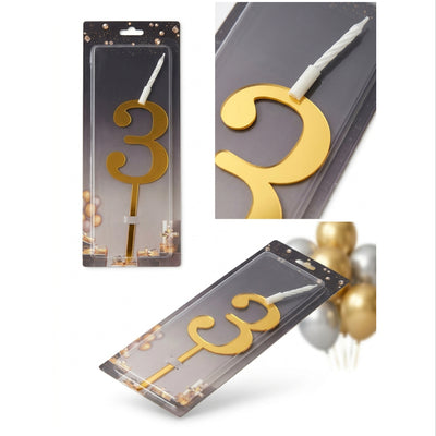 Cake Decoration 3 Number Topper With Candle - Gold Colour
