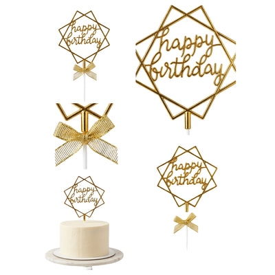 Happy Birthday Square Design Cake Topper - Gold
