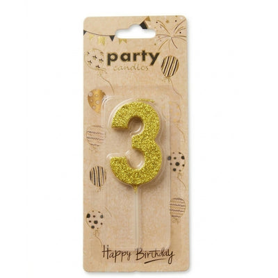 Cake Decoration Candle 3 Number - Glitter - Gold Colour