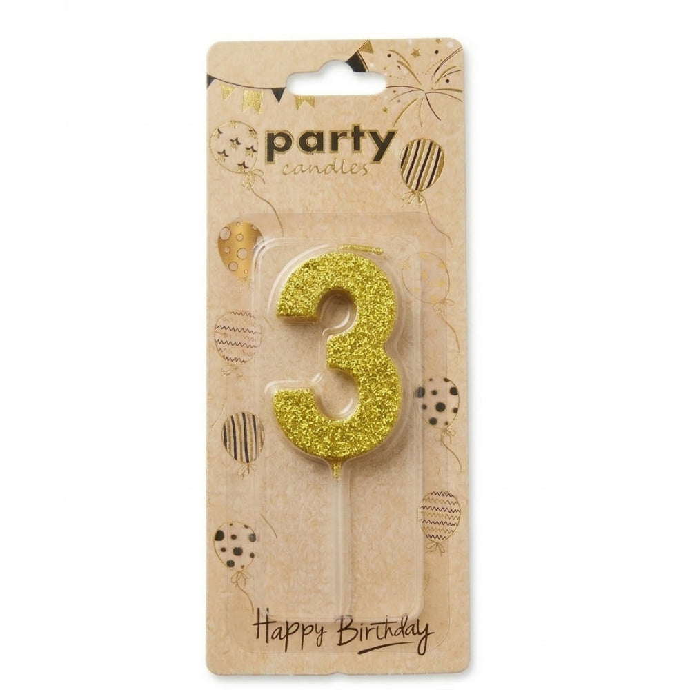 Cake Decoration Candle 3 Number - Glitter - Gold Colour