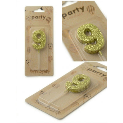 Cake Decoration Candle 9 Number - Glitter - Gold Colour