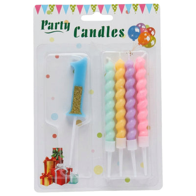 Party Decorz 1 Number Candle With Pastel Twisted Candle - 5Pcs Set - Blue Glitter