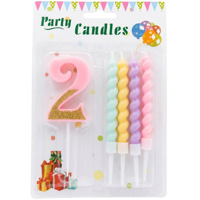 Party Decorz 2 Number Candle With Pastel Twisted Candle - 5Pcs Set - Pink Glitter