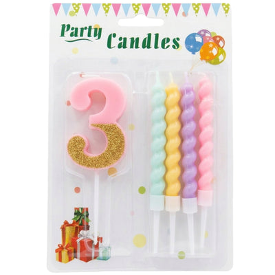 Party Decorz 3 Number Candle With Pastel Twisted Candle - 5Pcs Set - Pink Glitter
