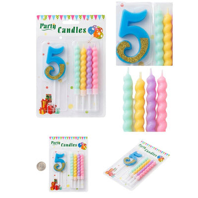 Party Decorz 5 Number Candle With Pastel Twisted Candle - 5Pcs Set - Blue Glitter