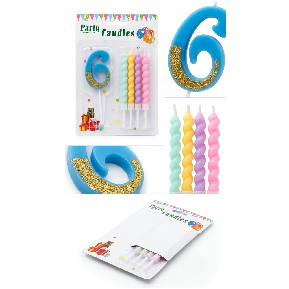 Party Decorz 6 Number Candle With Pastel Twisted Candle - 5Pcs Set - Blue Glitter