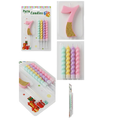 Party Decorz 7 Number Candle With Pastel Twisted Candle - 5Pcs Set - Pink Glitter