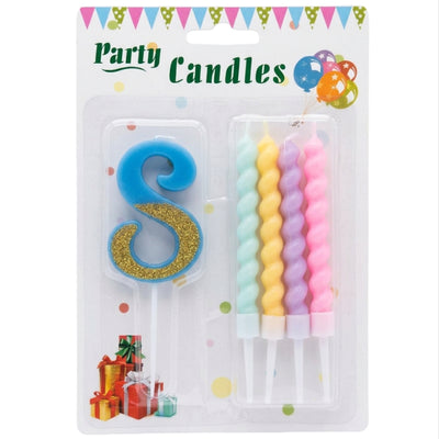 Party Decorz 8 Number Candle With Pastel Twisted Candle - 5Pcs Set - Blue Glitter