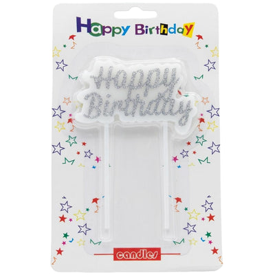 Happy Birthday Cake Candle Topper - Glitter - Silver Colour