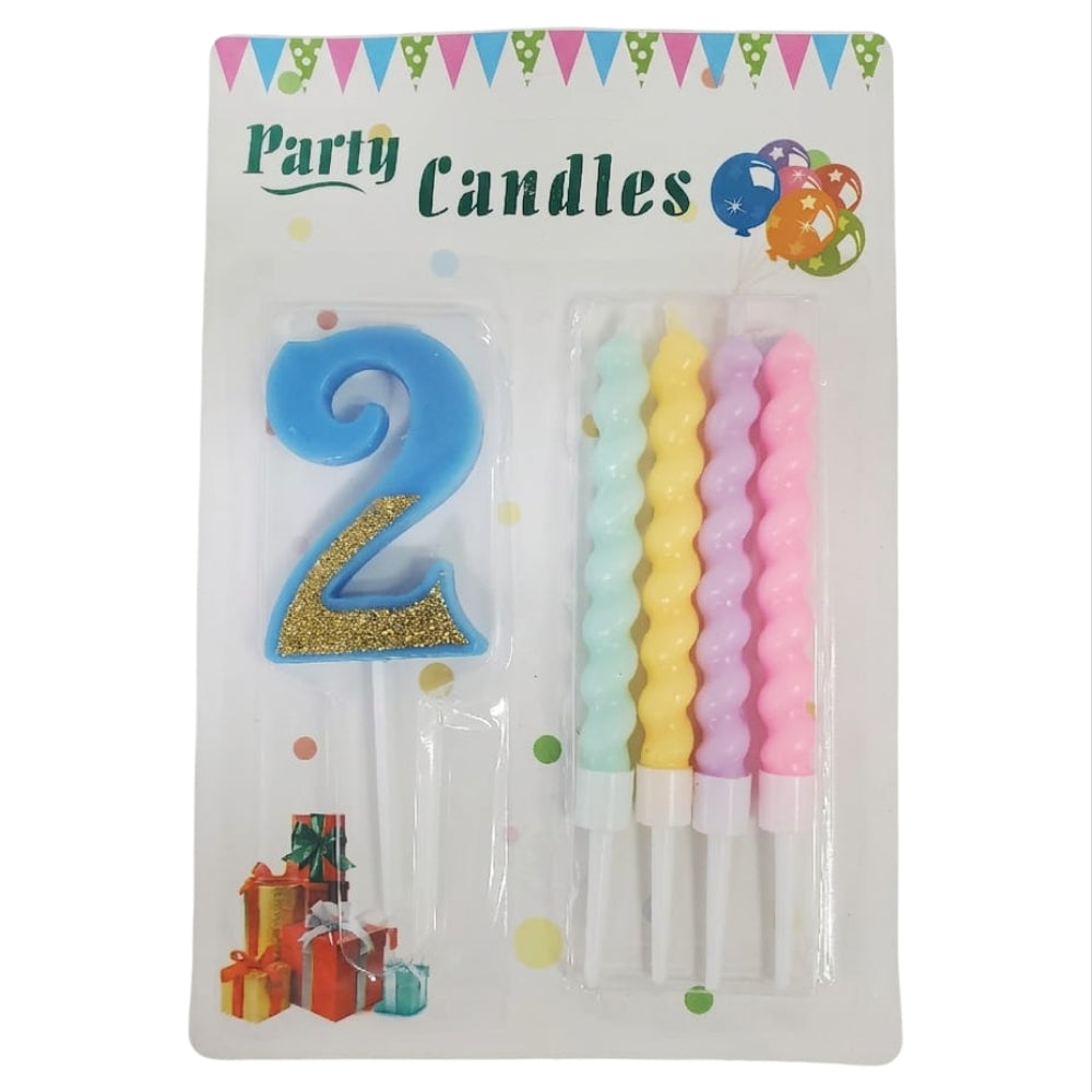 Party Decoration 2 Number Candle With Pastel Twisted Candle - 5Pcs Set - Blue Glitter