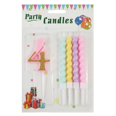 Party Decoration 4 Number Candle With Pastel Twisted Candle - 5Pcs Set - Pink Glitter