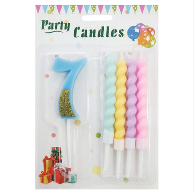 Party Decoration 7 Number Candle With Pastel Twisted Candle - 5Pcs Set - Blue Glitter