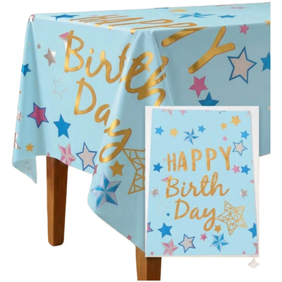 Happy Birthday Star Theme Party Decoration Aluminium Foil Tableware Light Blue - Table Cover - 1.37X2.74M