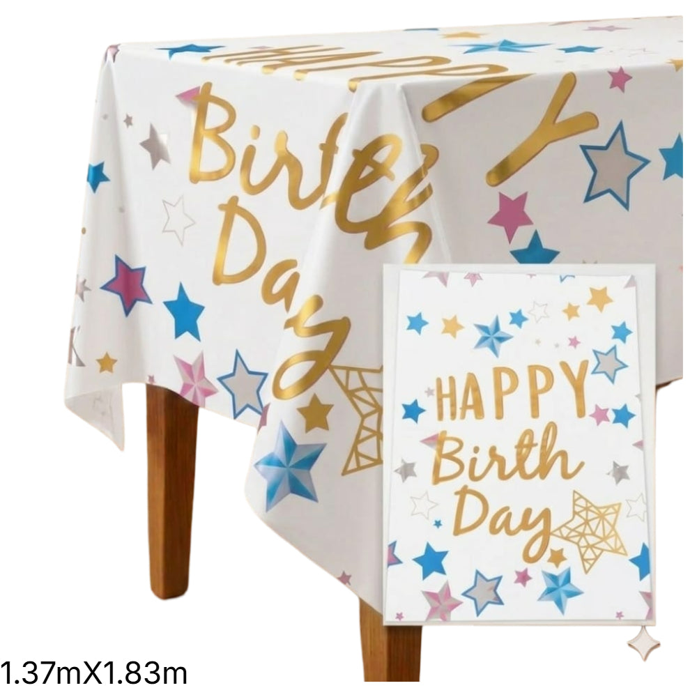 Happy Birthday Star Theme Party Decoration Aluminium Foil Tableware White - Table Cover - 1.37X1.83M