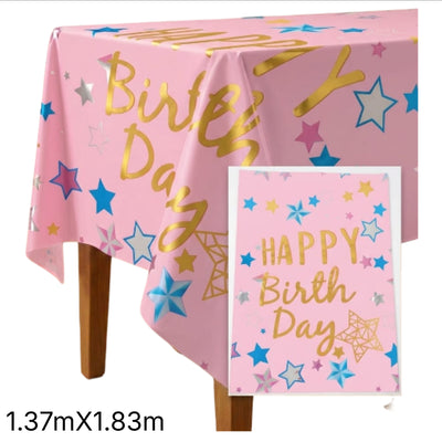 Happy Birthday Star Theme Party Decoration Aluminium Foil Tableware Pink - Table Cover - 1.37X1.83M