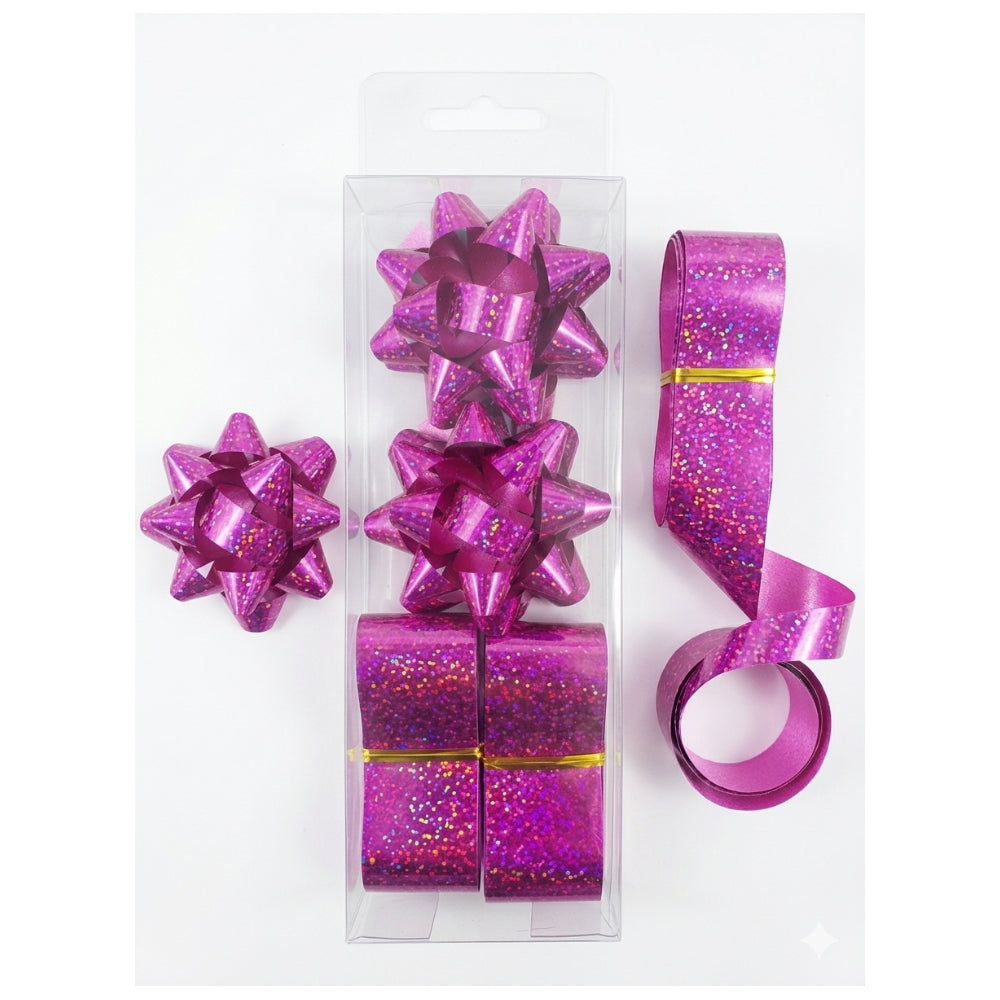 Gift Decoration Star Shaped Bows And Rolls Of Ribbons - Magenta Glitter - Pack Of 2 Pcs Each
