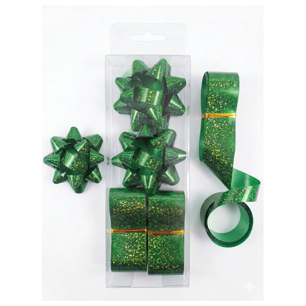 Gift Decoration Star Shaped Bows And Rolls Of Ribbons - Green Glitter - Pack Of 2 Pcs Each
